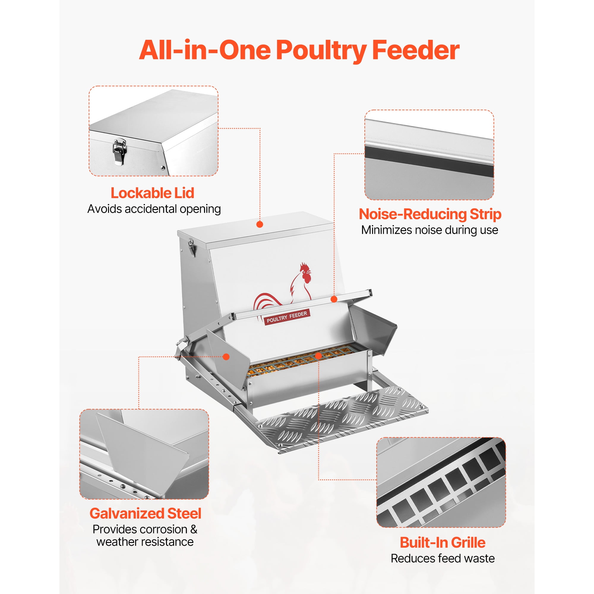 KFFKFF Automatic Poultry Feeder, 40 lbs Capacity, Weather-Resistant Treadle Feeder with Secure Lid, Minimal Feed Waste, Durable Galvanized Steel Design, Suitable for Outdoor Use with Chickens