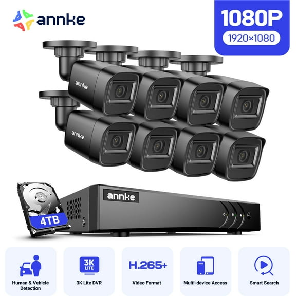 ANNKE 2MP Security Camera System, 8 Channel 3K Lite DVR Recorder with AI Motion Detection, 8X 1080P Add-on Wired Cameras with 65ft IR Night Vision, IP67, 3.6mm Lens, 4TB HDD, Black
