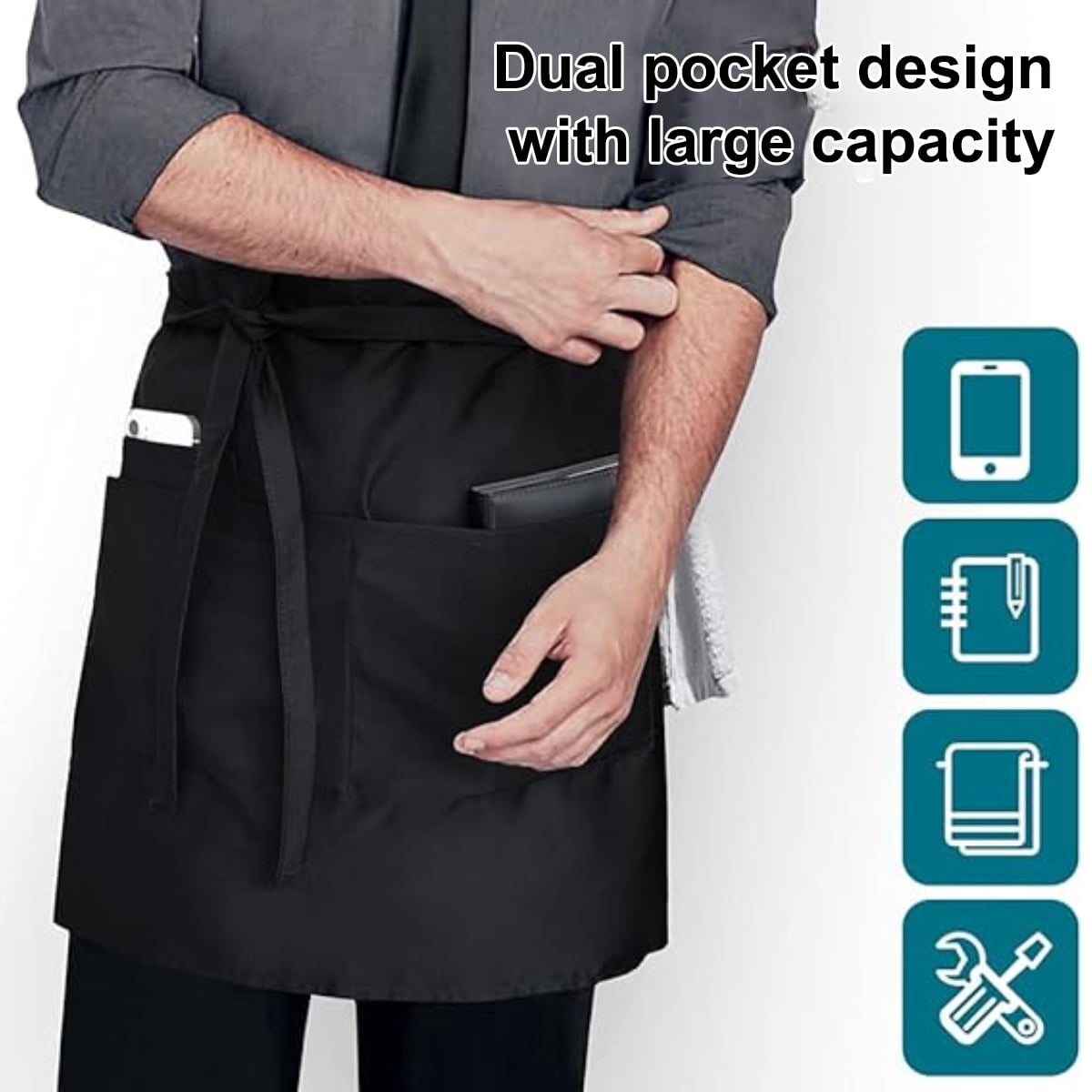 Wisreach Waitress Apron With 7 Pockets – Black Half Bib With Zippers, Adjustable Belt 43.3", 24"x11.4" For Restaurant Servers & Kitchen Staff