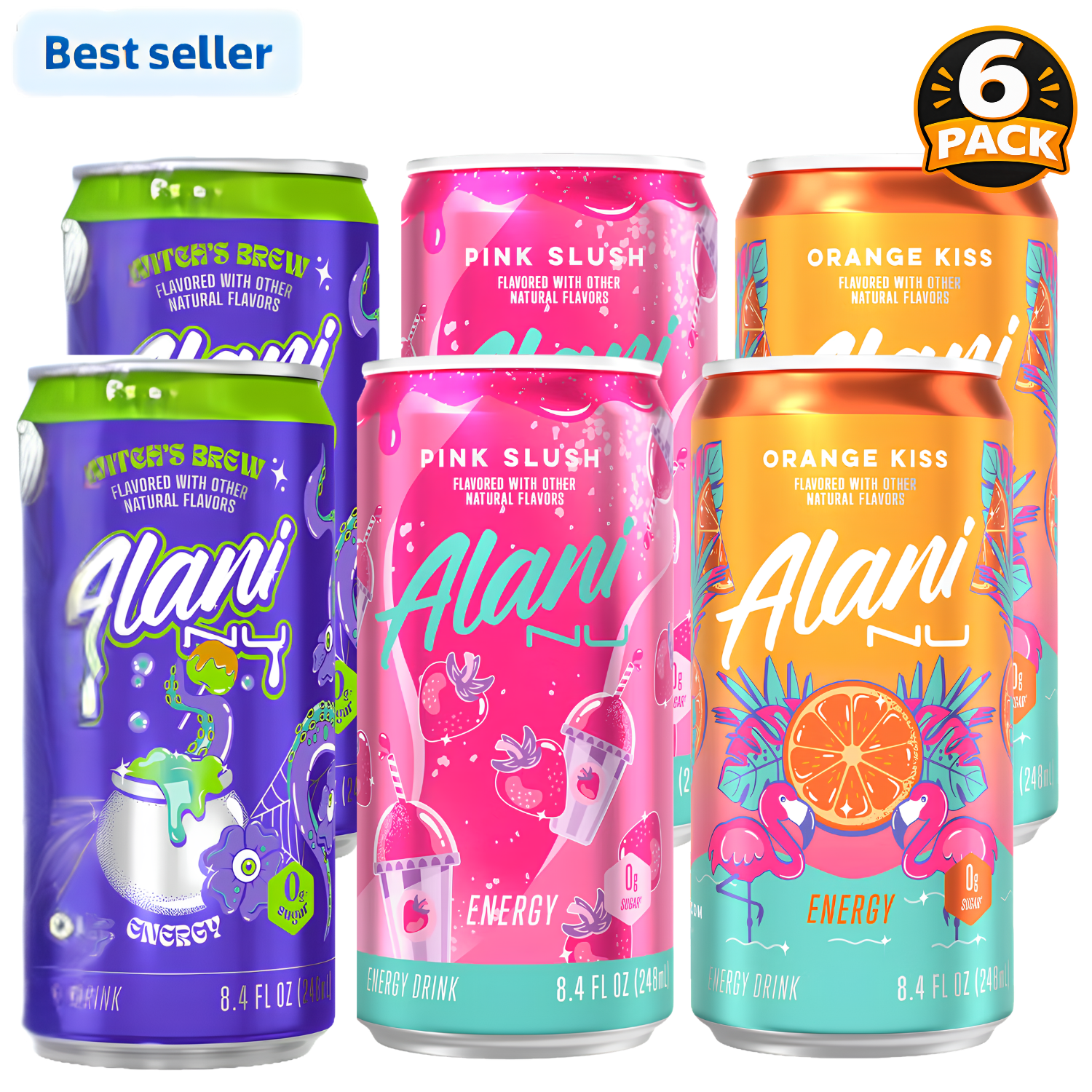 Alani Mini Energy Drinks Variety Pack, 8.4 fl oz, Witches Brew, Pink Slush & Orange Kiss, Sugar Free, 6 Pack