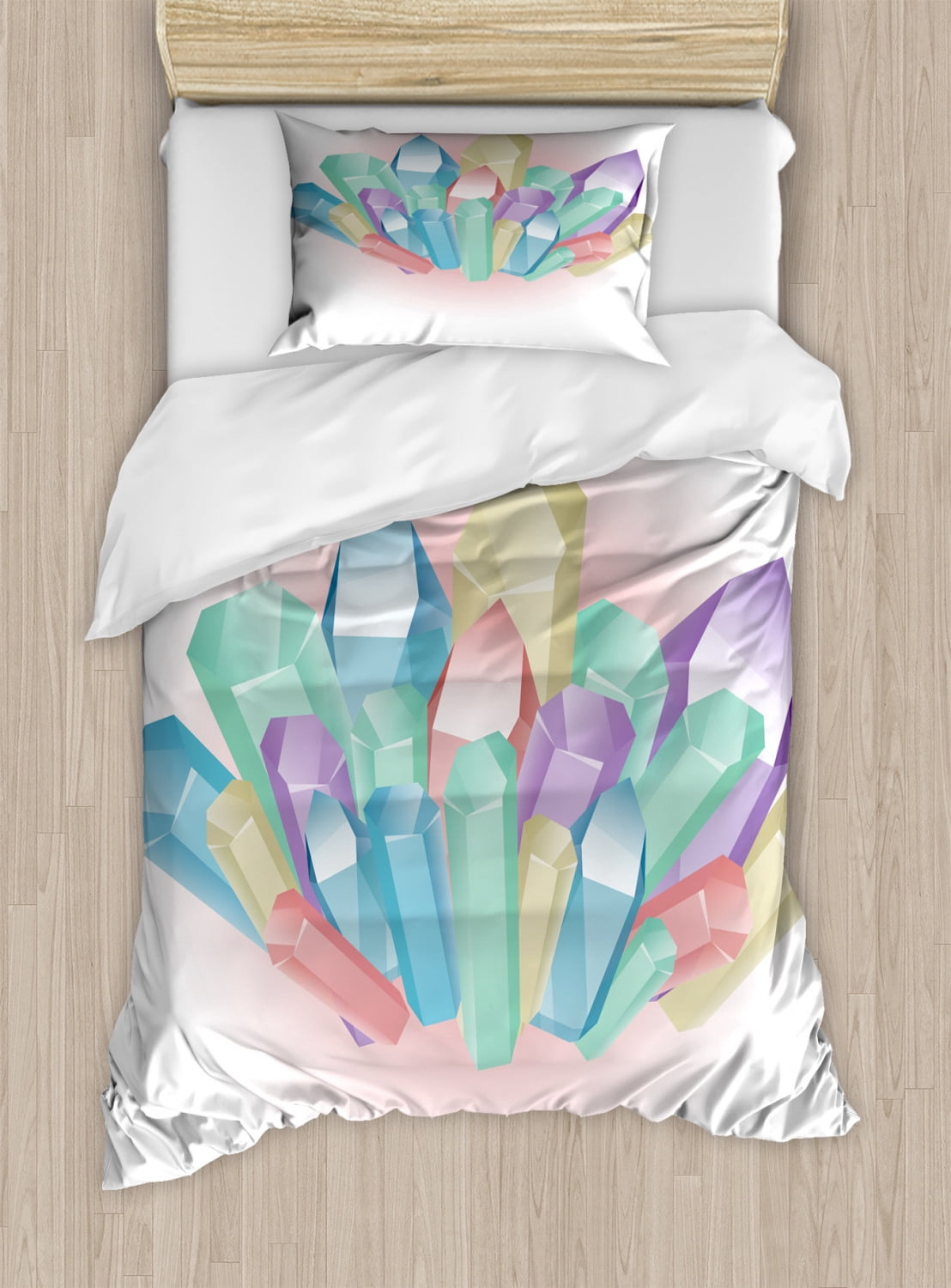 Amethyst Duvet Cover Set Twin Size, Natural Uncut Minerals Crystals