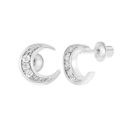 Rhodium Plated Clear Crystal Moon Safety Back Earrings For Rhodium Plated Clear Crystal Moon Safety Back Earrings For S