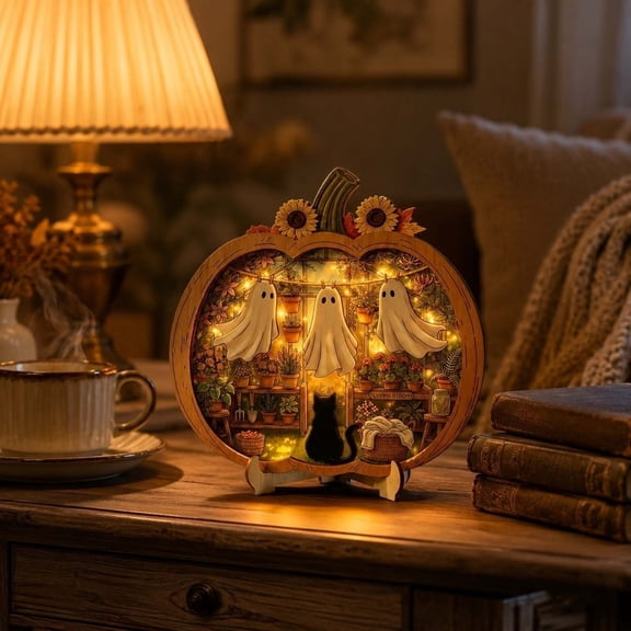 Halloween Wooden Pumpkin Ornamnet 7.87 Inch Ghost Scene Tabletop Decor for Mantel Shelf Living Room Fall Decor