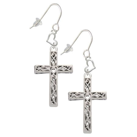 Silvertone Large Celtic Vine Cross Heart French Earrings