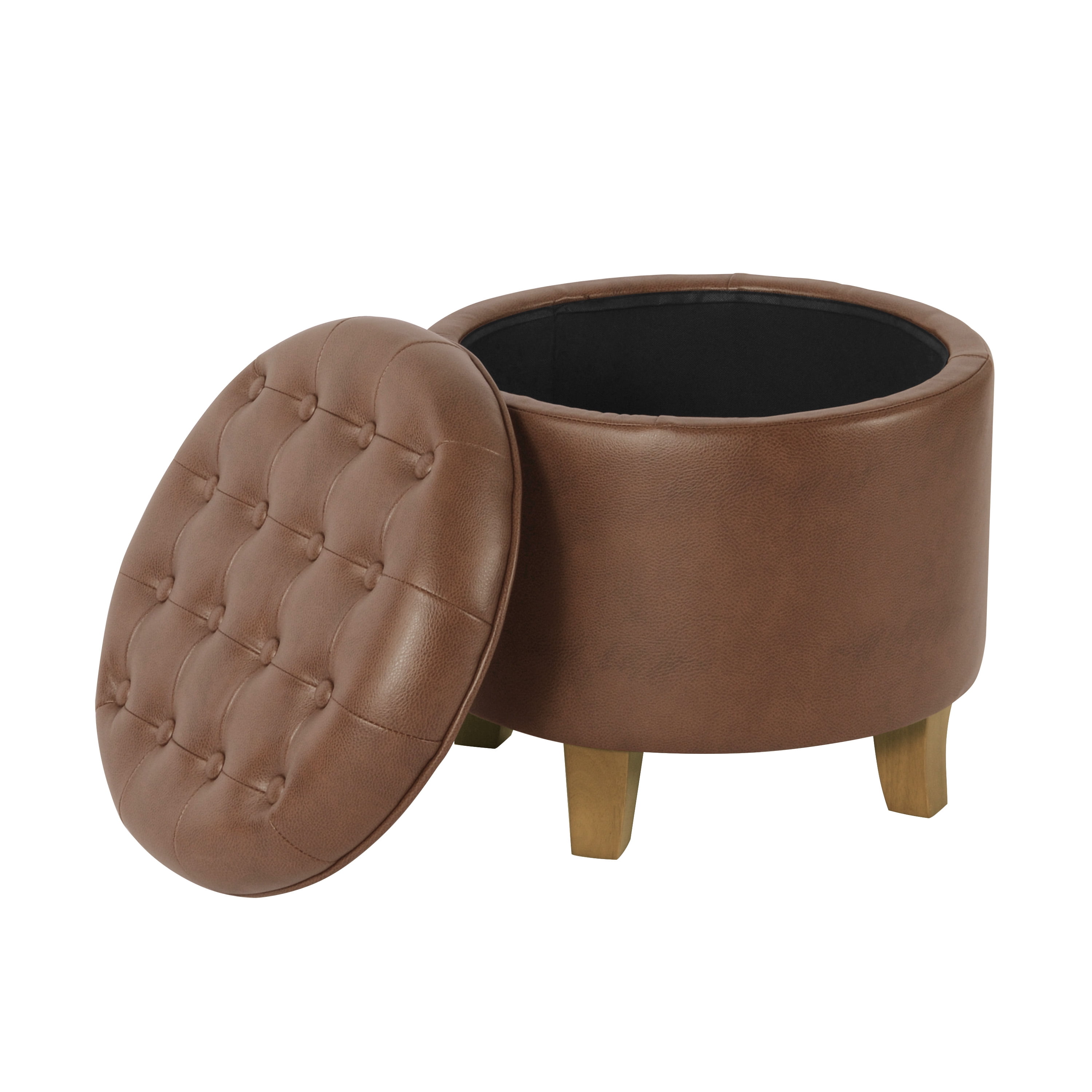 HomePop Small Round Button Tufted Storage Ottoman, Brown Faux Leather