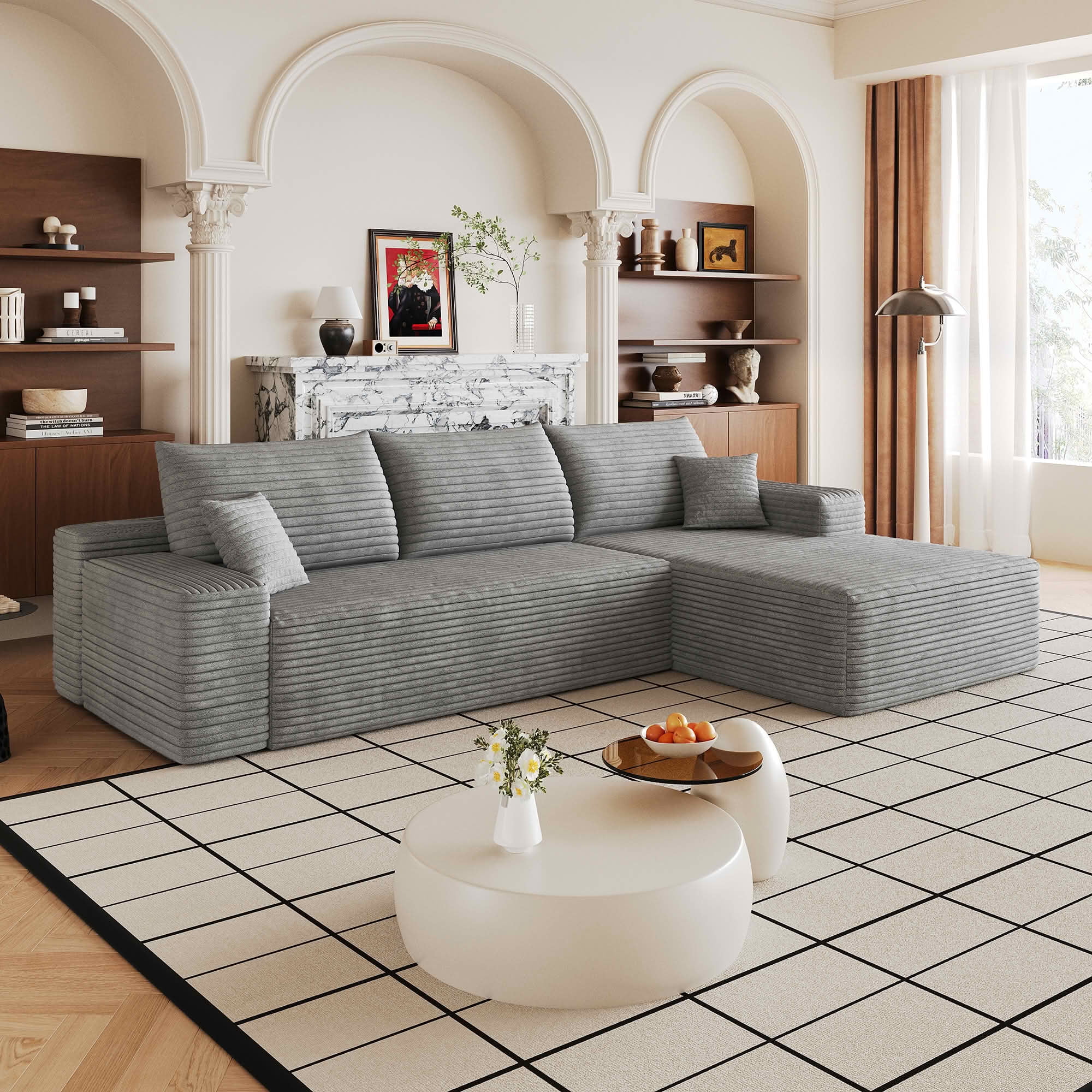 MAYEERTY 107-Inch Gray Plush Corduroy 3-Seat L-Shaped Cloud Modular Sectional Sofa, Deep Seat Couch with Chaise No Assembly Required