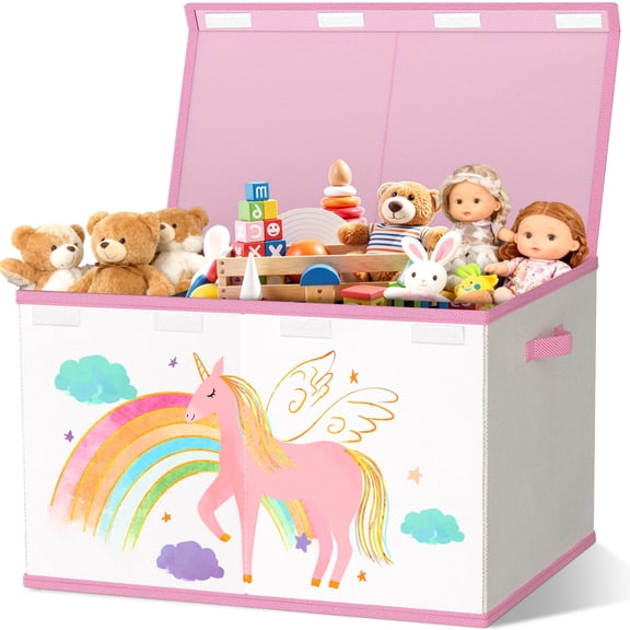 Toy Storage Box with Lids for Girls Boys - Fabric Large Kids Toy Chest Container, Foldable Basket Organizer with 2 handles for Toys, Books, Blankets, Clothes (Beige&Pink)