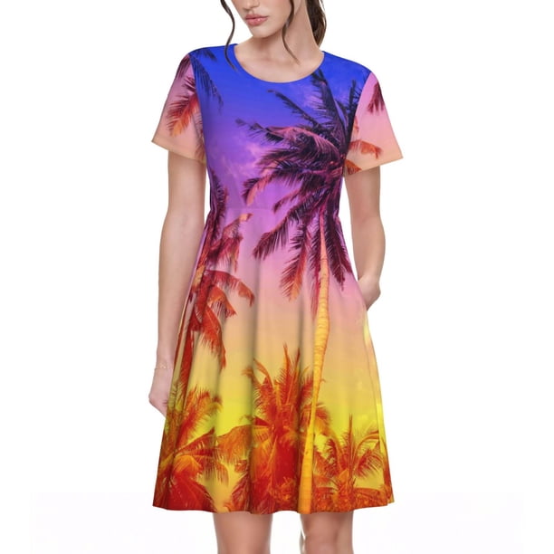 Disketp Palm Trees at Sunset para Vestido de Manga Corta para Mujeres, Vestidos de Verano para Mujeres, Casual y Holgado para la Playa