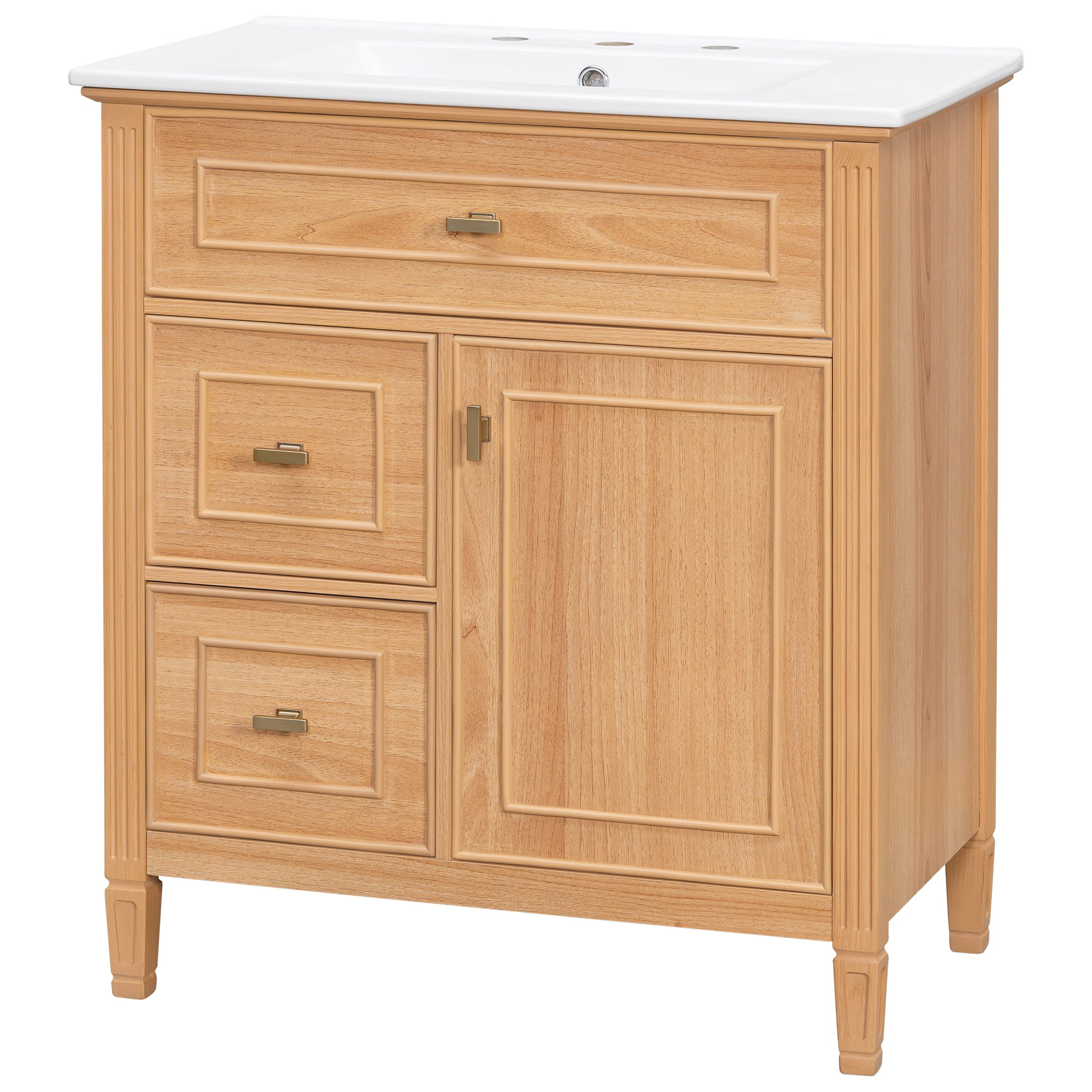 30-Inch Bathroom Vanity with Ceramic Sink and Flip Drawer, Solid Wood Cabinet with Adjustable Shelf for Bathroom, Natural
