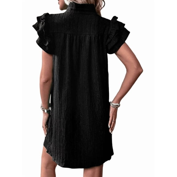 Women Summer Short Dress Casual V Neck Short Sleeve Tiered Mini Sun Dress Beach Vacation Sundress Black XL
