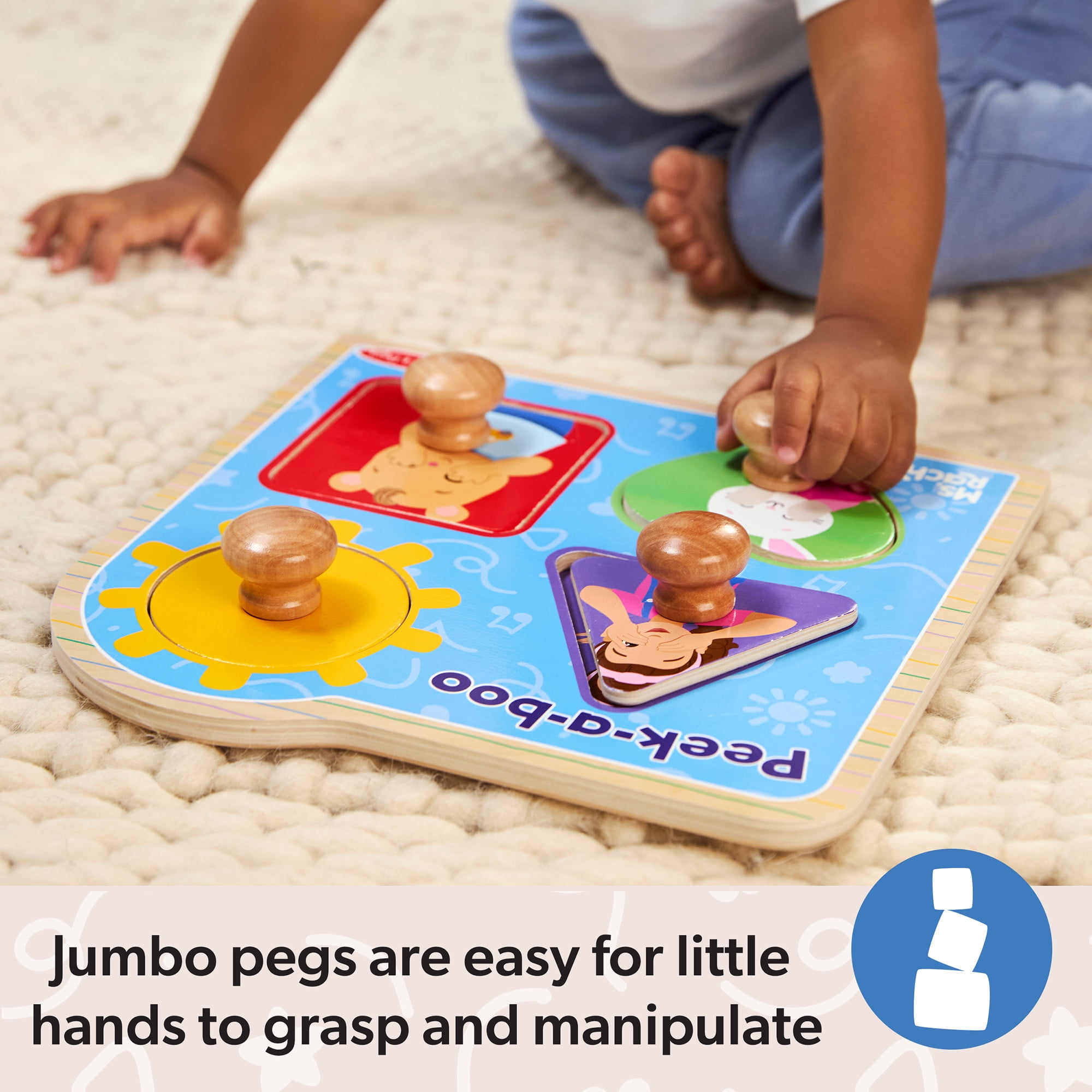 Melissa & Doug® Ms. Rachel™ Wooden Peek-a-Boo Jumbo Peg Puzzle, 4-Piece with Mirror, Toddler Toys Ages 1+ Years