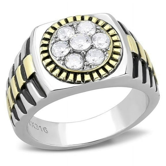 Men Two-Tone IP Gold Stainless Steel Ring with AAA Grade CZ in Clear - Size 9