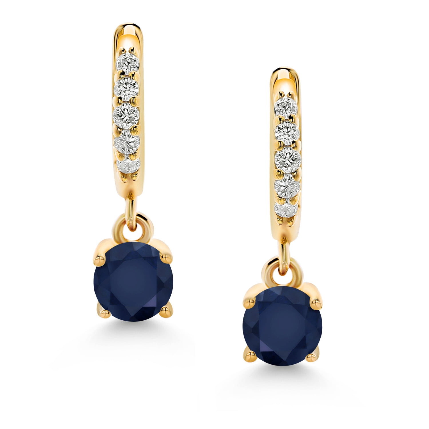 Gem Stone King 10K Yellow Gold Blue Sapphire and White Lab Grown Diamond Dangle Drop Huggie Hoop Earrings for Women (0.80 Cttw, Gemstone September Birthstone, Round 4MM)