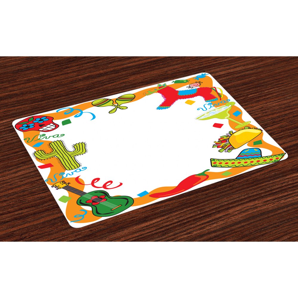 Fiesta Placemats Set of 4 Cartoon Drawing Style Mexican Pinata Taco