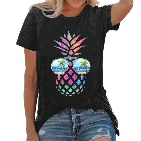 Womens T Shirts Crew Neck Fashion Casual Tops 2026 Pineapple Print Short Sleeve Y2K Tee
