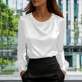 thumbnail image 2 of Women's Elegant Pearl Embellished Satin Round Neck Long Sleeve Blouse Shirt Top Loose Fit Gorgeous Commuting Business Casual Office Wear Gift for Women | CSEONE,White XL, 2 of 9