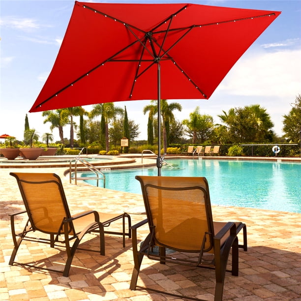 Solar Led Outdoor Umbrella 10x6 5 Feet Rectangular Patio Umbrella With Push Button Tilt And Crank Lift Ventilation 6 Sturdy Ribs Non Fading Sunshade Red Walmart Com Walmart Com