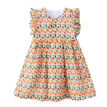 

JSGEK Little Girls Soft Sleeveless Dress Comfort Floral Printing Vintage Sundress Toddler Casual Dresses Regular Fit Fashion Yellow 100