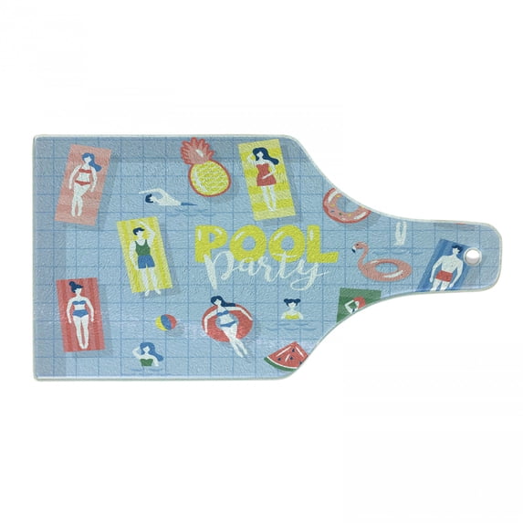 Pool Party Cutting Board, Doodle Characters Swimming and Enjoying Summer Activities Top View Summer Print, Decorative Tempered Glass Cutting and Serving Board, in 3 Sizes, by Ambesonne