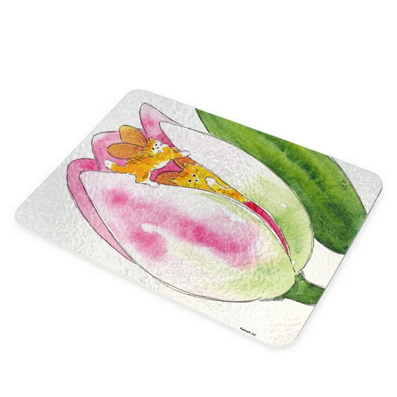 KuzmarK Glass Cheese Cutting Board 11"x7.75" - Tiny Tiger Kittie Fairies with Pink Tulip Fantasy Cat Art by Denise Every
