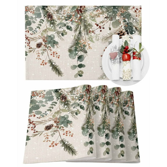 Christmas Winter Placemats Set of 2 Pine Tree Berry Eucalyptus Retro Linen Heat Insulation Washable Place Mats, Rustic Non-Slip Table Mats for Dining Table Party Kitchen Decor,13x19 Inch
