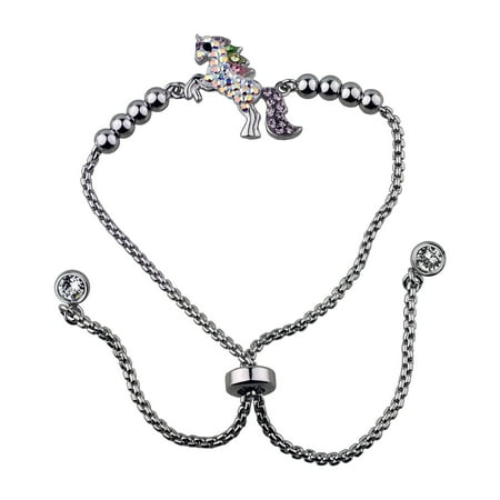Sterling Silver Plate Unicorn Beads Adjustable Bracelet W/ Clear Crystal End