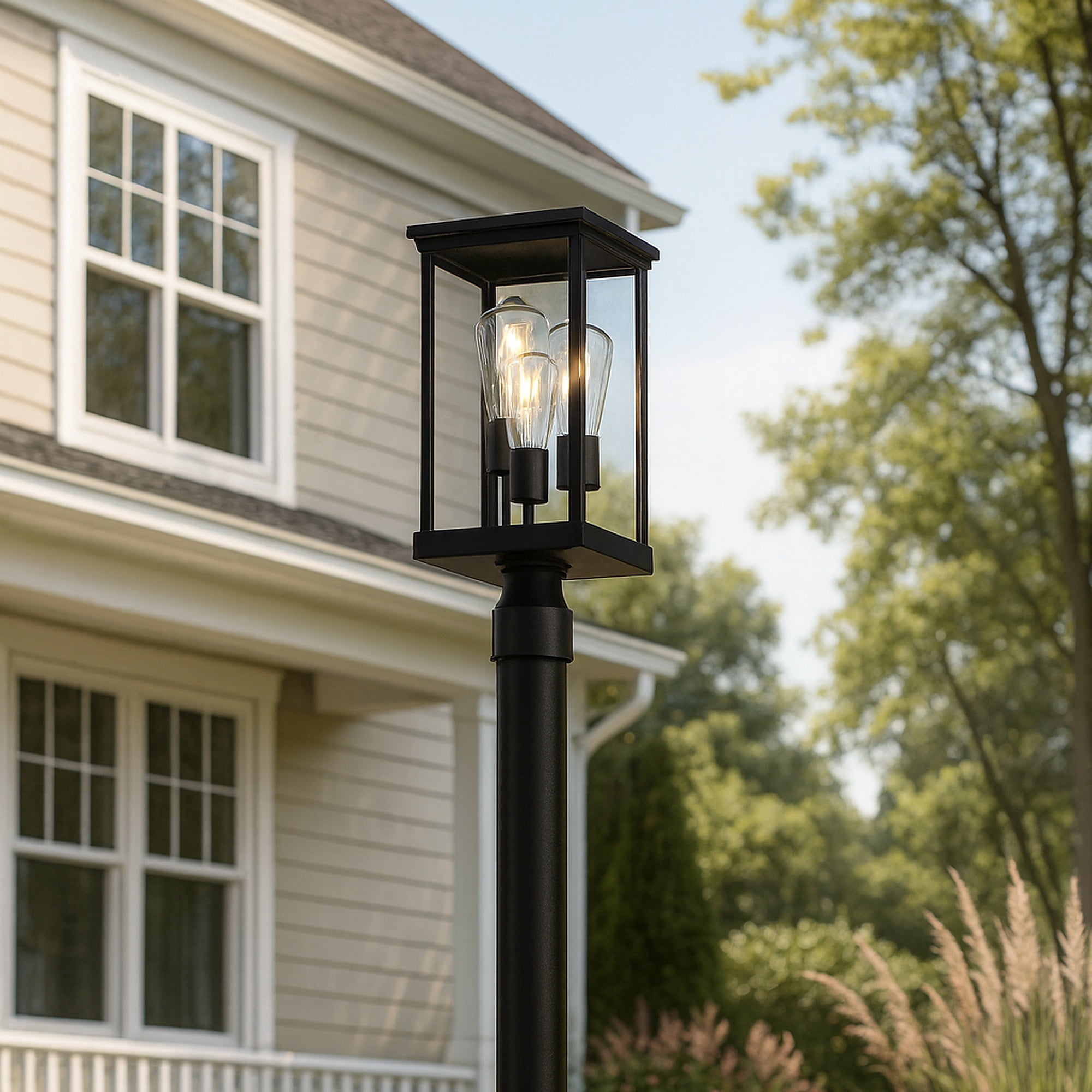 Design House Mayfield Matte Black 3 Light Indoor/Outdoor Weather Resistant Post Lantern Light with Clear Glass