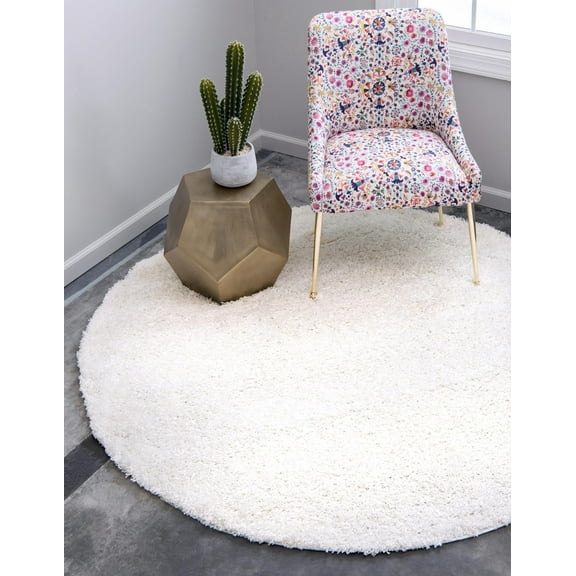 Rugs.com Solid Shag Collection Rug – 3 Ft Round Snow White Shag Rug Perfect For Kitchens, Dining Rooms