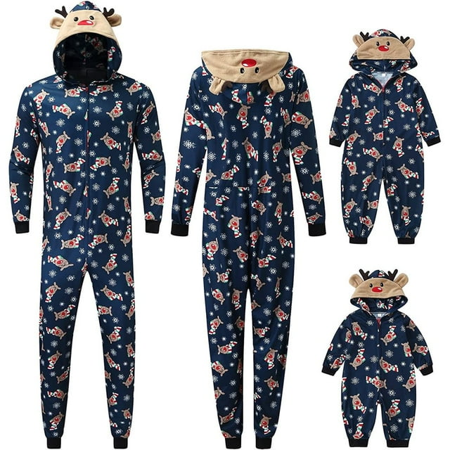 Combinaison Pyjama à Capuche de Noël Assortie pour la Famille avec Renne, Fermeture Éclair, Pjs pour Adultes, Enfants, Bébé