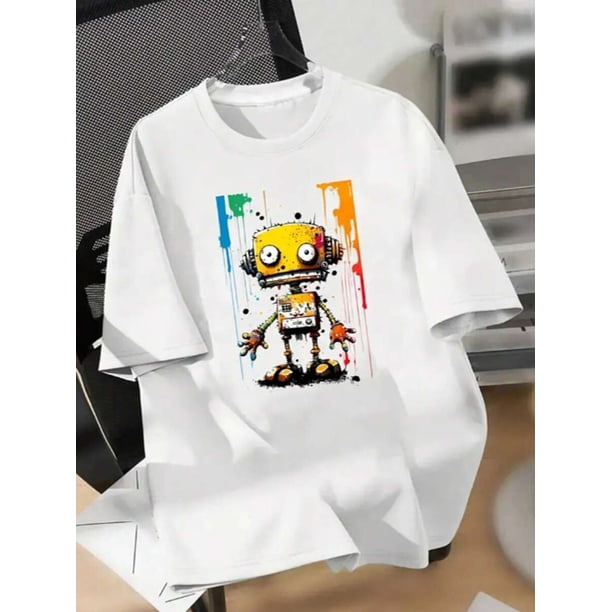 Ultra Soft 100% Cotton Youngsters' T-Shirt With Colorful Robot Print - Breathable, Moisture-Wicking Casual Summer Tee For Boys And Girls