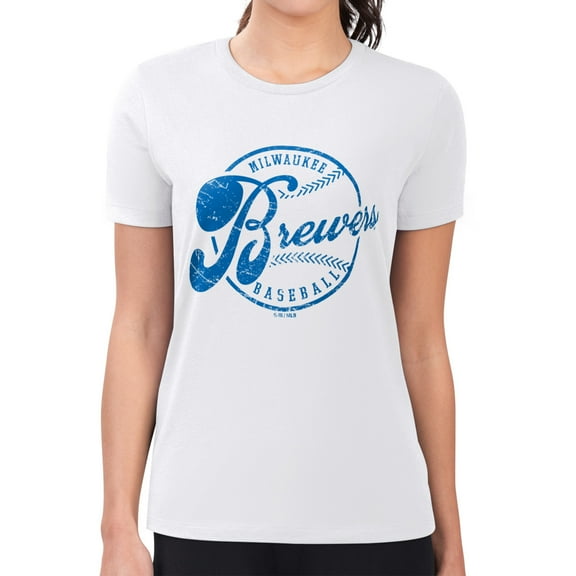 Women's G-III 4Her by Carl Banks White Milwaukee Brewers Super-Slim Fit Lightweight Distressed Baseball Team T-Shirt