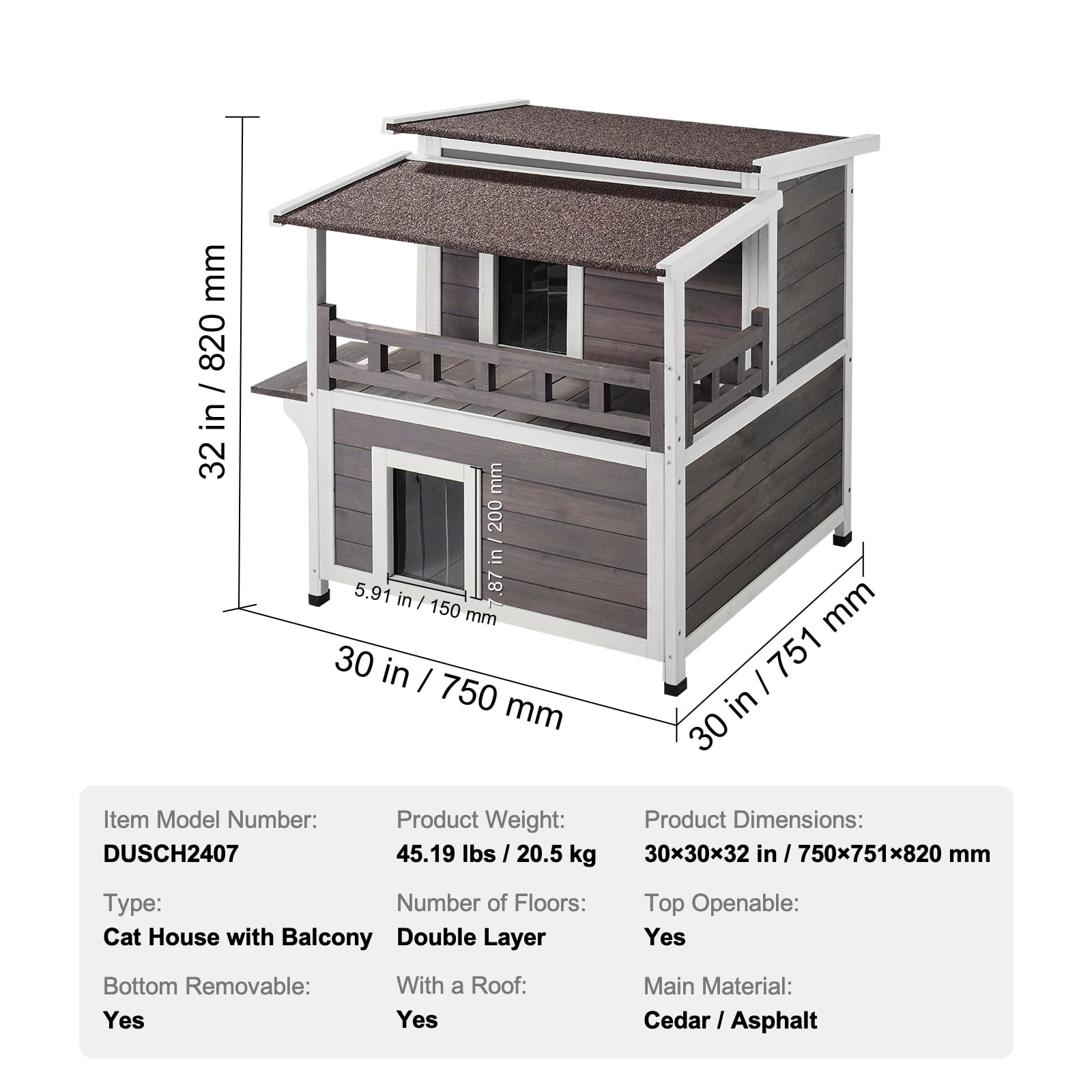 KFFKFF Cat Wooden Shelter 30"L x 30"W x 32"H, Weather-Resistant Outdoor Cat Home, Dual-Level Spacious Outdoor Timber Feline Residence with Terrace, PVC Entry Covers, Detachable Top