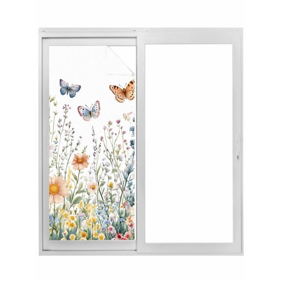 Spring Floral Window Privacy Film, Butterfly Summer Botanical Watercolor Flowers Static Cling UV Sun Blocking Tint Film Heat Control Windows Films for Bedroom Bathroom, Window Stickers 17.7"x39.3"