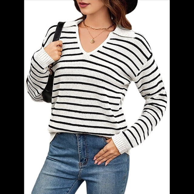 Suéteres de Mujer 2025, Cuello en V, Larga, Tops A Rayas, Otoño Invierno, Ropa de Punto Cómoda, Suéter Tipo Pulóver y Negro XL