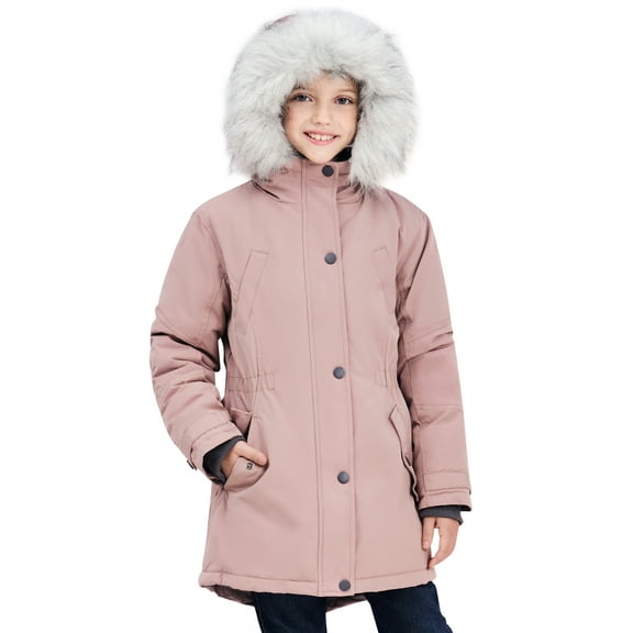SOLOCOTE Girls Winter Coats Heavyweight Medium Length Warm Jacket With Removable Faux Fur Collar Hooded 5-14Y
