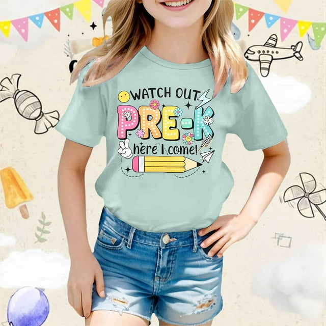 Stylish Girls Tops Trendy School Tees Cartoon Print Short Sleeve Shirts for Kids Everyday Wear for Spring and Summer Comfortable and Breathable Design