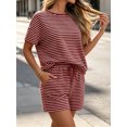 thumbnail image 4 of Womens 2 Piece Sets Summer Lounge Sets Striped Short Sleeve Oversized T Shirts Drawstring Shorts Matching Set, 4 of 5