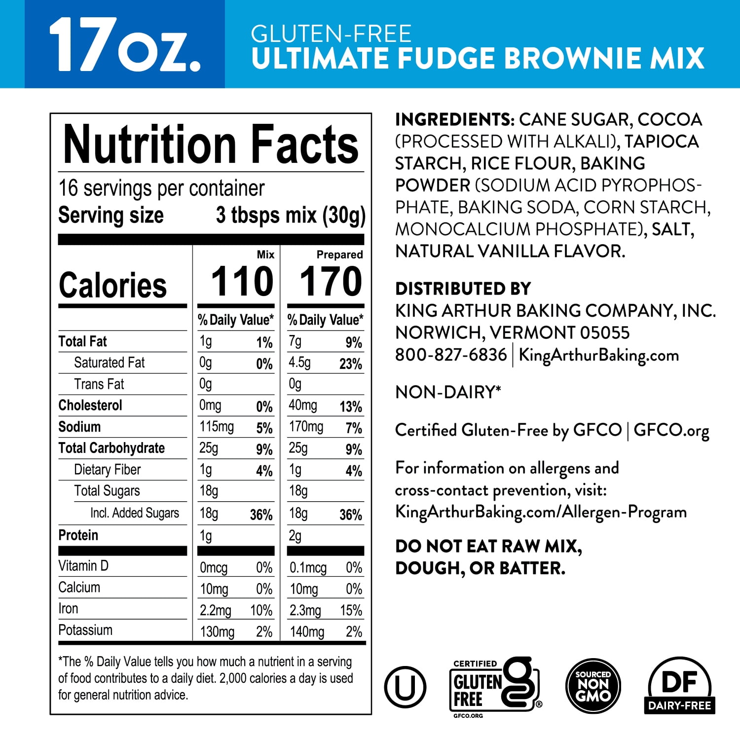 King Arthur Baking Company, Non-GMO Project Verified and Gluten Free Fudge Brownie Mix, 17 oz Box