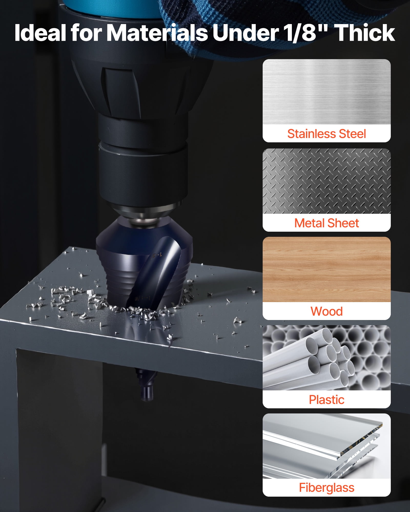 VEVOR Step Drill Bit, 3/16 to 1-3/8 inch, 3/8 inch Triangular Shank, TiAlN Coating Cobalt High Speed Steel, Four Spiral Flute Step Bit for Metal, Stainless Steel, Aluminum, Wood, Plastic, Fiberglass