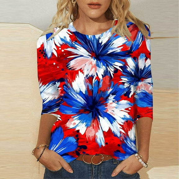 Cavosen USA Flag Shirts for Women Petite Patriotic 3/4 Sleeve Round Neck Tops American Flag Print T Shirts Lady XL Independence Day Casual Tops Funny 4th of July Tunic Tees 2025 Patriotic Clothes
