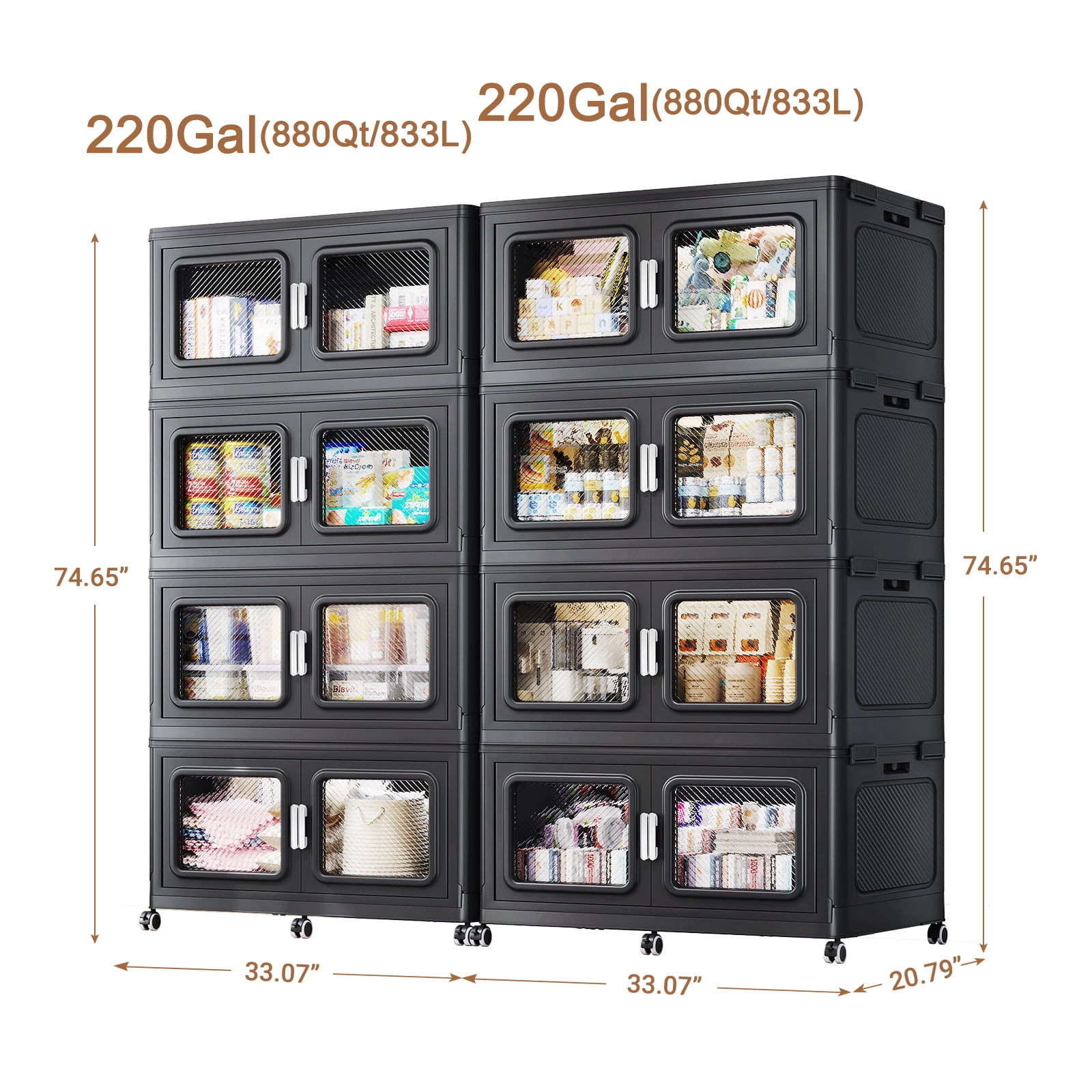 Broview Extra Large Stackable Storage Bins 440 Gal Black, Stackable, Collapsible Storage Box with Front Door, Lids and Wheels - 1666 L - 1760Qt- for Home Organization