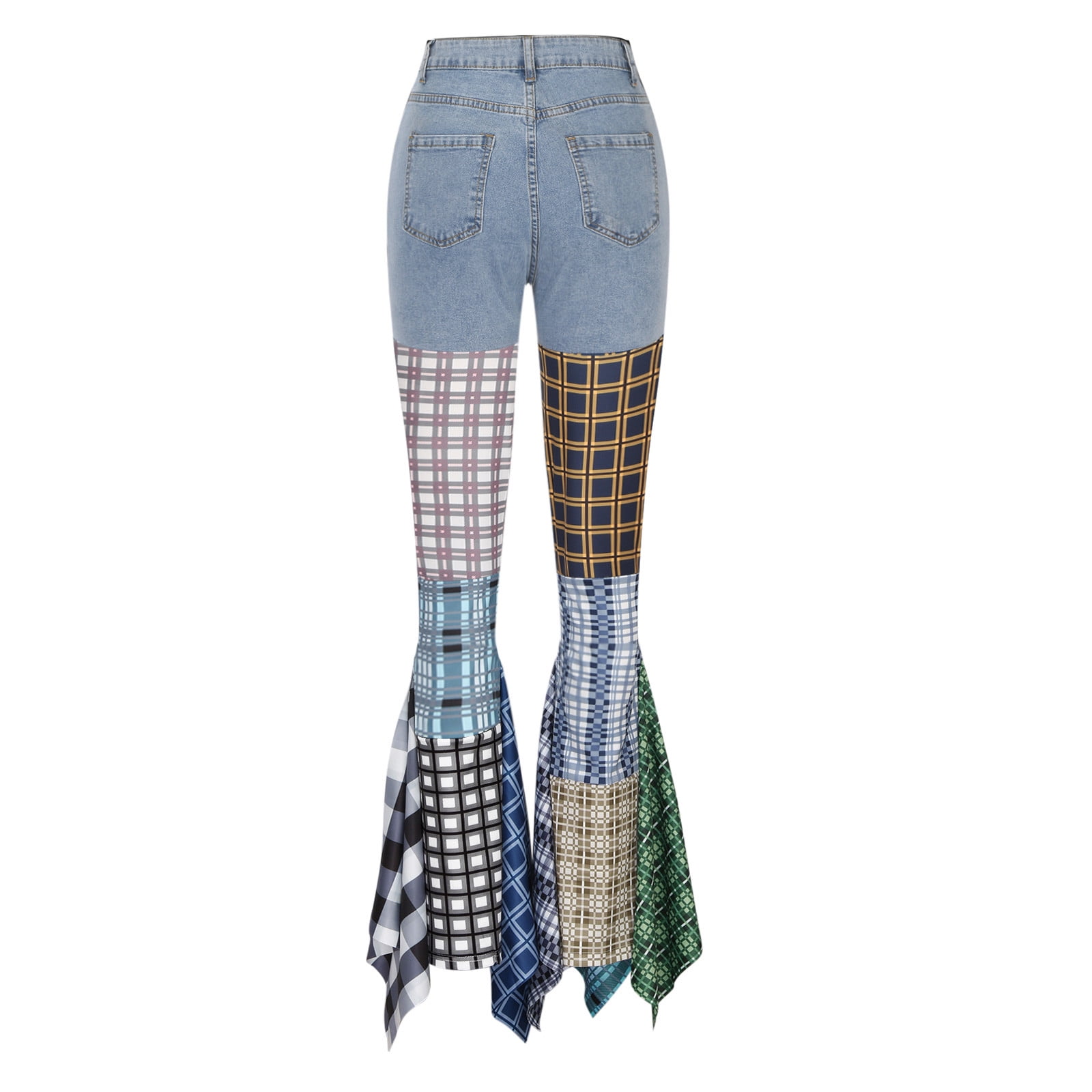 KINPLE Women's Flare Pants Splicing Plaid Horn Denim Flanged High-waisted  Jeans And Trousers 