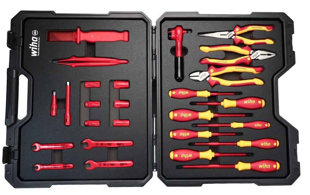 Wiha Tools Insulated 26 Piece Tool Set with Sockets, Ratchets, Extension Bars, Wrenches, Pliers, Cutters, Screwdrivers, Cable Stripping Knife, and Tweezers in 18.11 L x 14.56 W x 4.33 H Tool Case.
