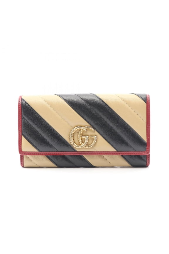 Pre-Owned Gucci GG Marmont Bifold Long Wallet, Leather, Women's, Black, Beige, Red,... (Good)