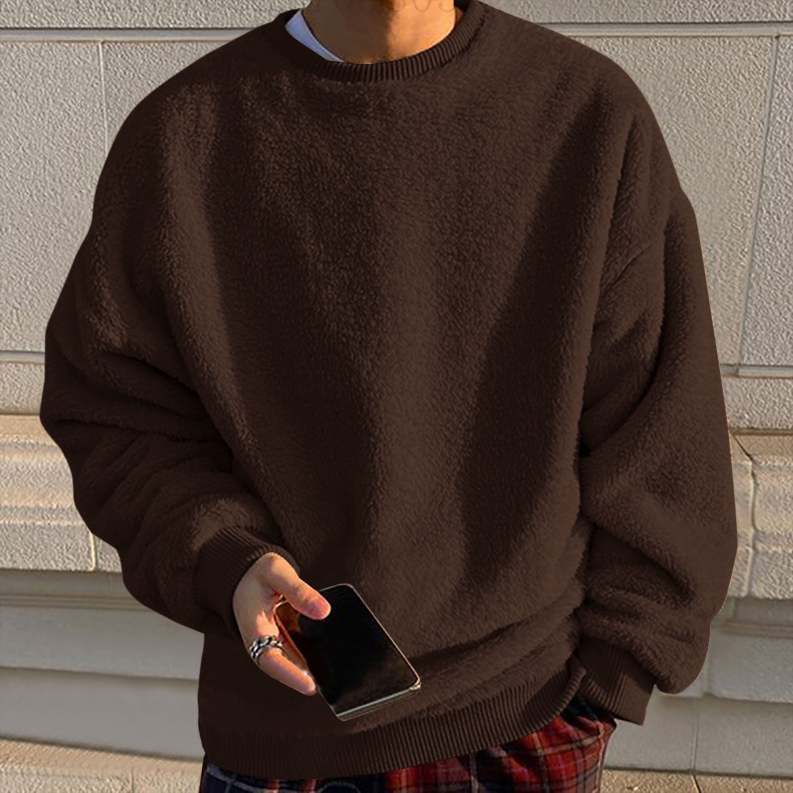 Mens Oversized Fleece Sherpa Sweatshirt Causal Solid Long