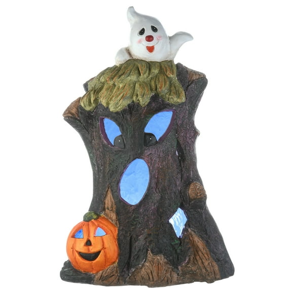 18 in. Pre-Lit Halloween Figurine, Black, Haunted Tree Trunk, Ghost, Pumpkin