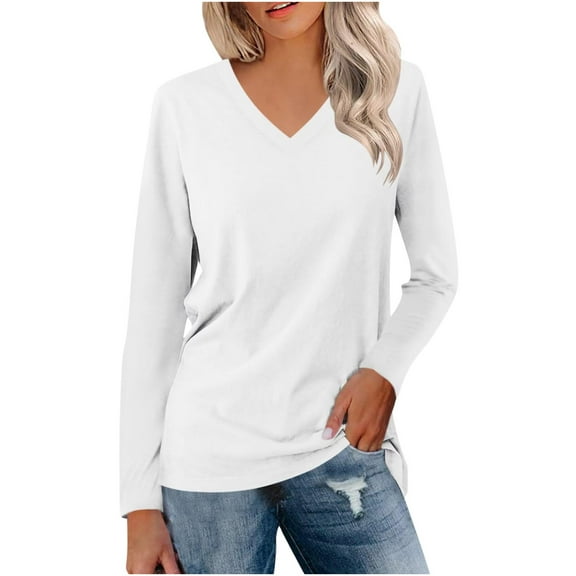 Annhoo Plus Size Tops for Women Fall Casual Long Sleeve V Neck Blouses Basic Solid Color Going out T-Shirts