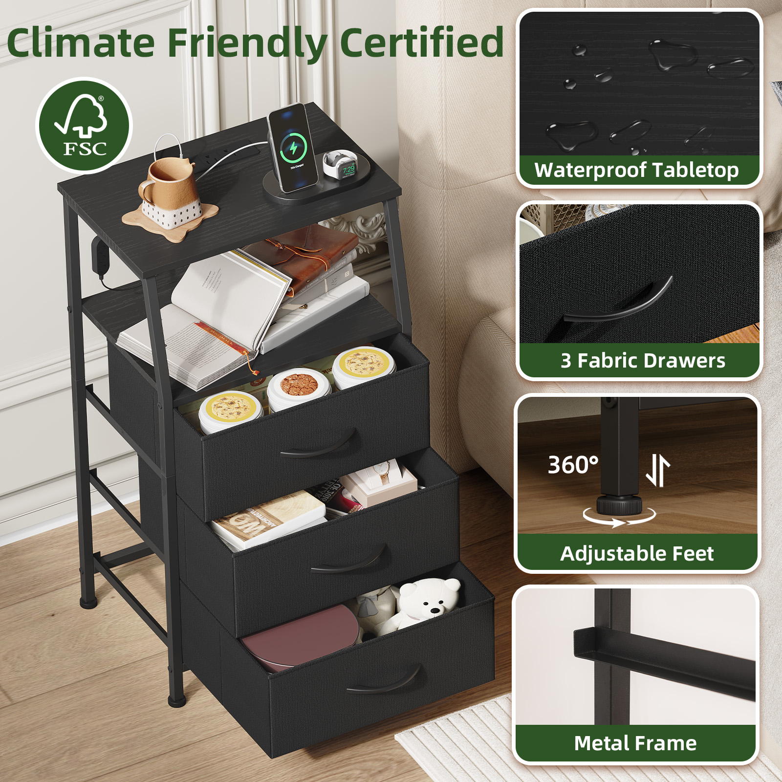 Eunos Black Nightstand with Charging Station and LED photo 4