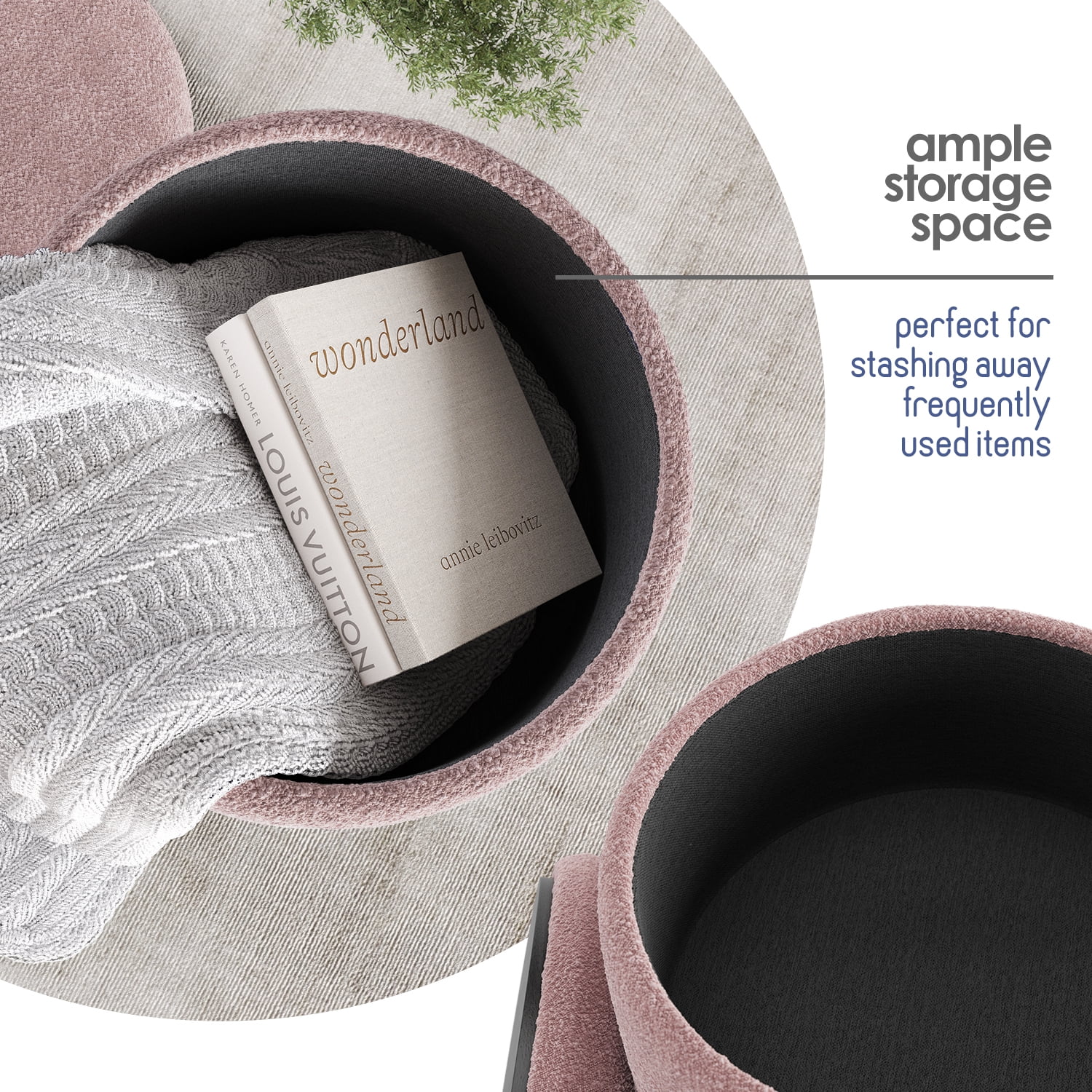 LammaLoe Small Round Ottoman with Storage, Boucle Ottoman Foot Stool with Lid, Upholstered Vanity Stool for Living Room & Bedroom, Pink