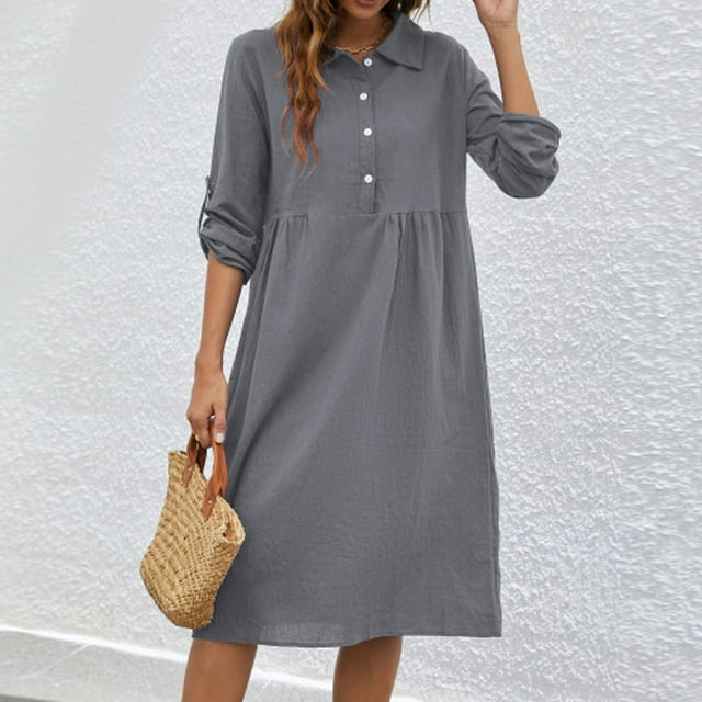 Meichang Robes T-Shirts pour Femmes Amples Décontractées en Coton et Lin Chemises Robes Unies Col à Revers Manches 3/4 Retroussées Robes Polo Fluides Robes Midi de Travail Gris P